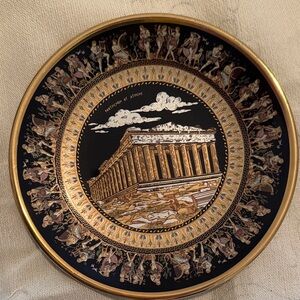 Vintage Greek Parthenon Decorative Plate in Black and Gold 24 k Gold Hand Made